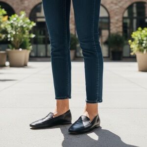 Aquazzura Sz 7.5/8 Black Buttery Leather Loafers Slip On Almond Toe Minimalist